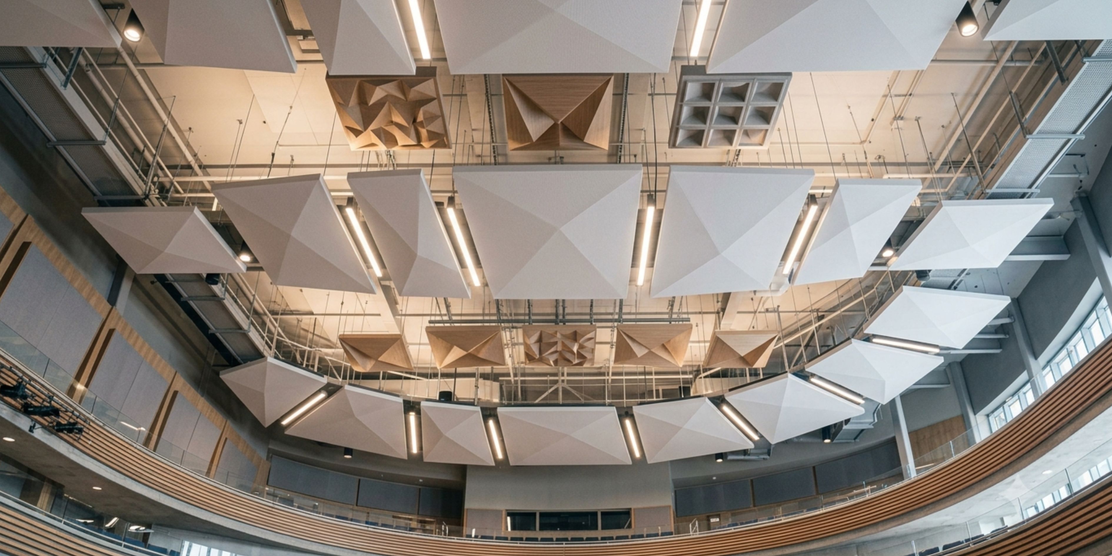 Ceiling acoustic clouds and diffusers for auditorium acoustics