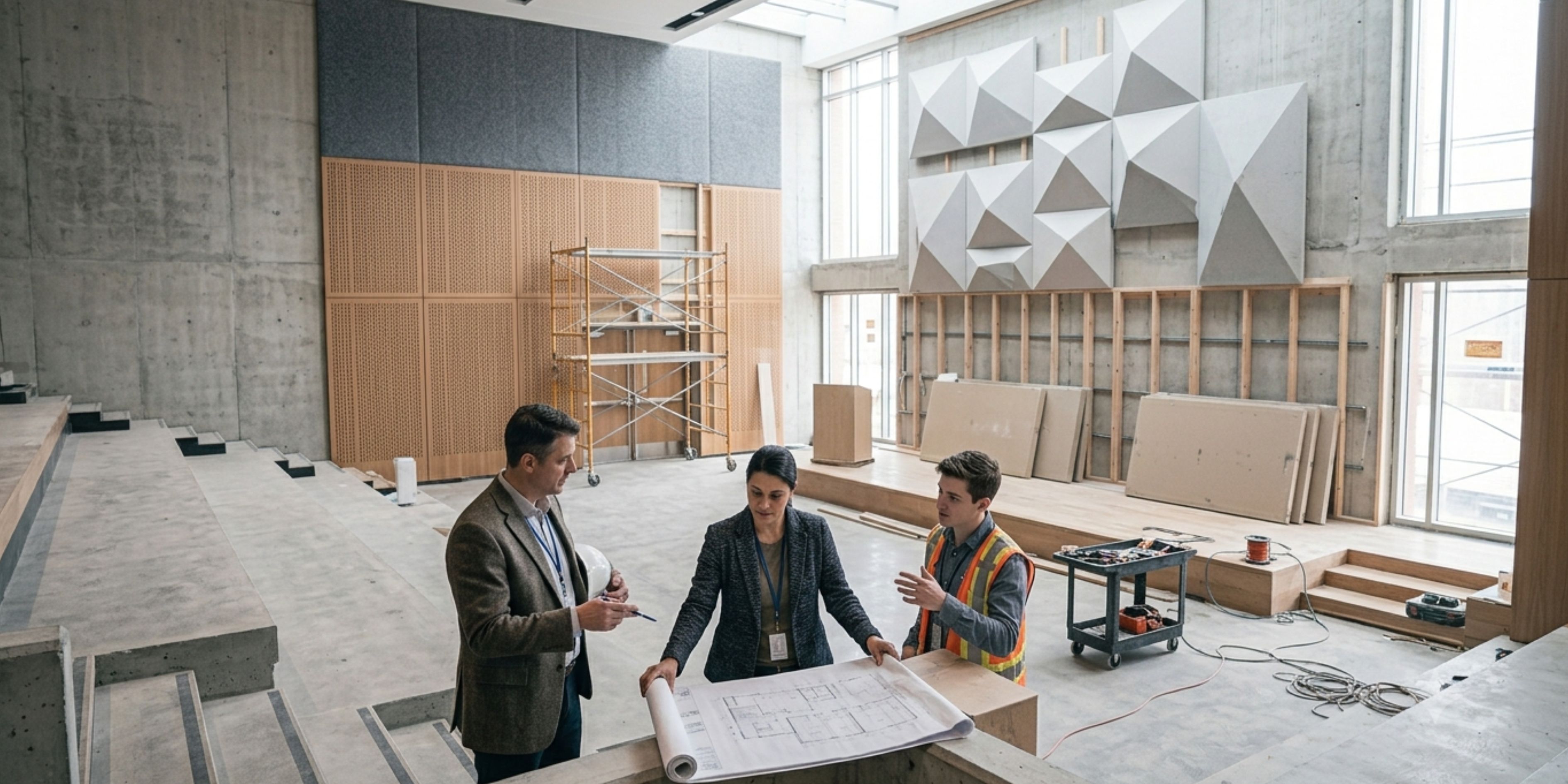Professional installation of auditorium acoustic panels