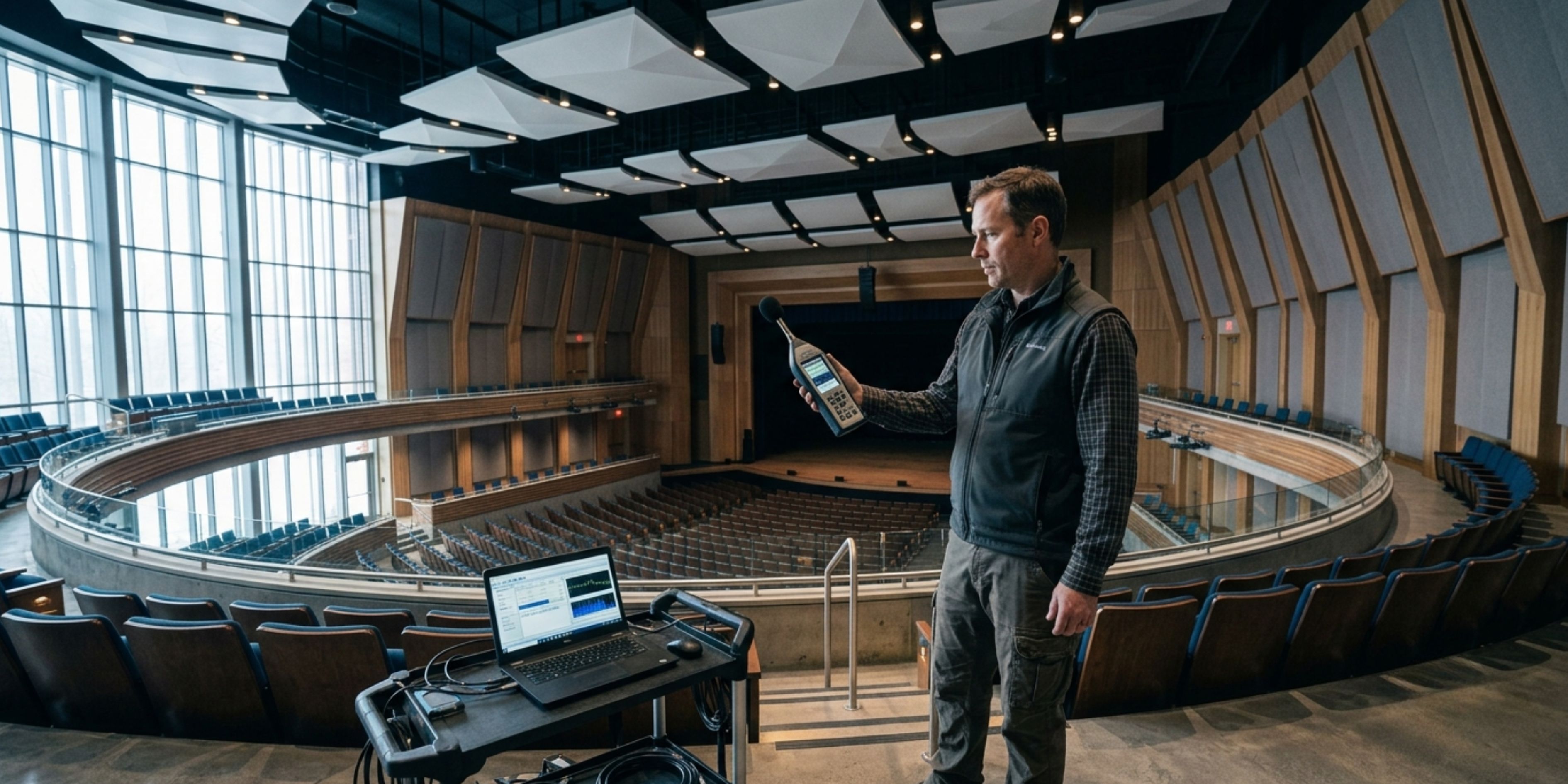 Acoustic assessment and reverberation measurement in auditorium