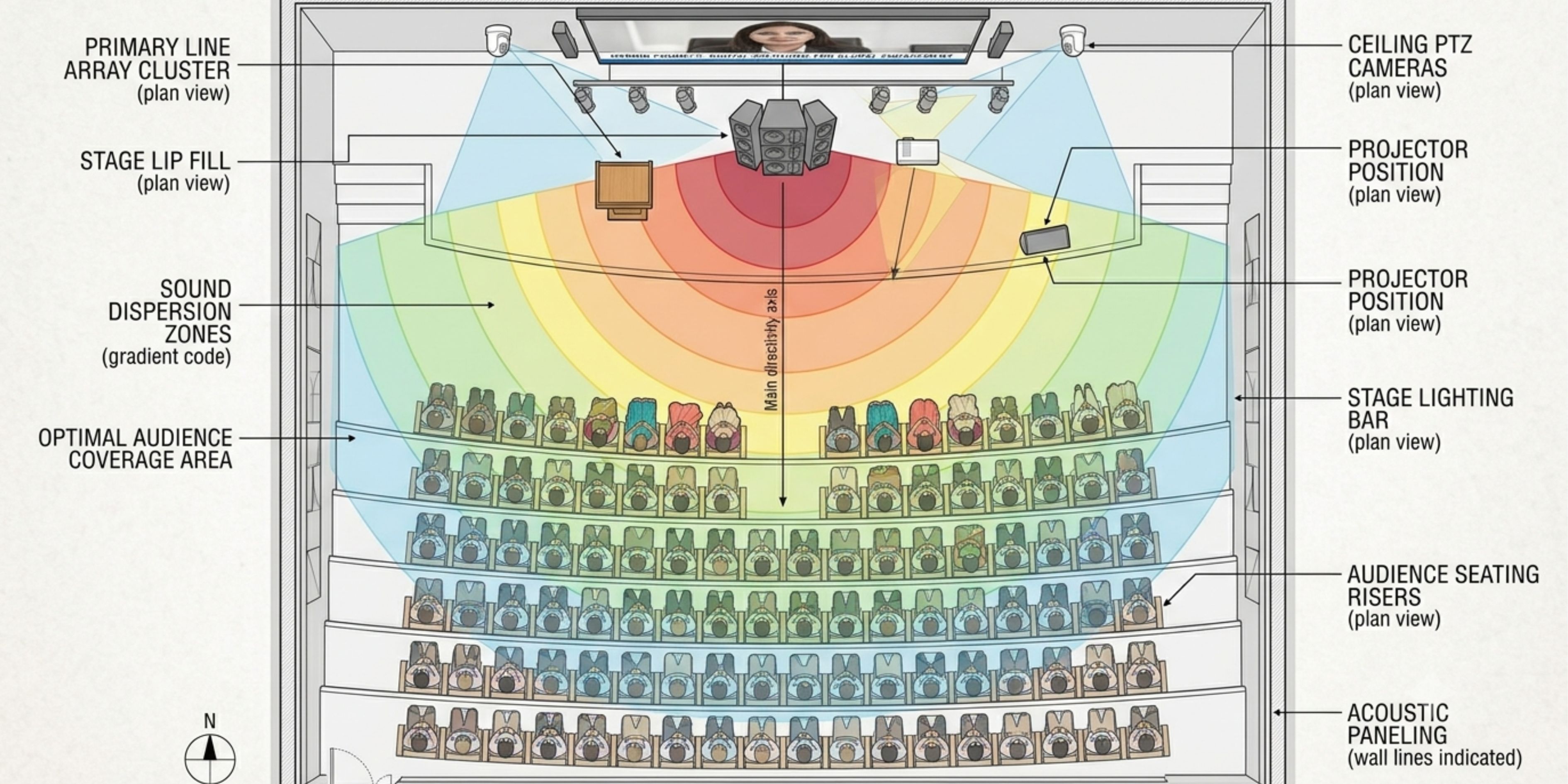 Combined audio and video coverage planning for auditoriums