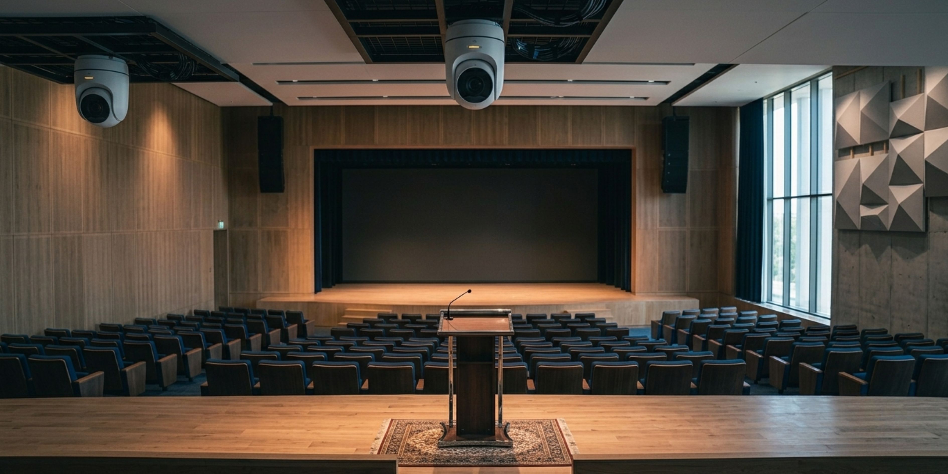 PTZ camera used in auditorium video system for live feed