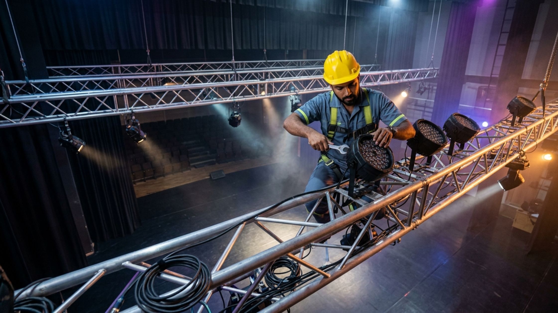 Stage lighting installation process on theatre truss system