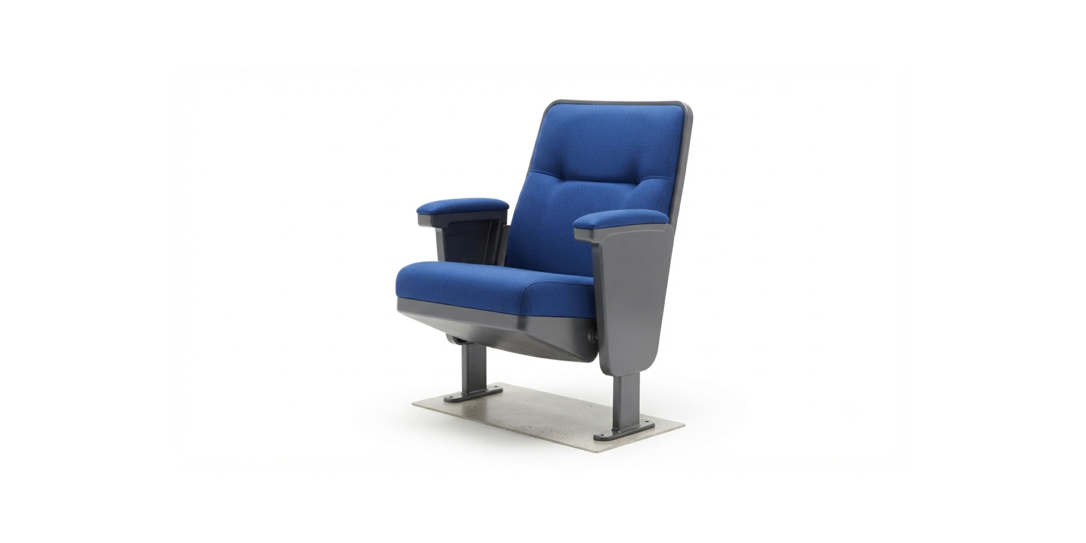 Fixed auditorium seating chair with cushioned backrest and armrests