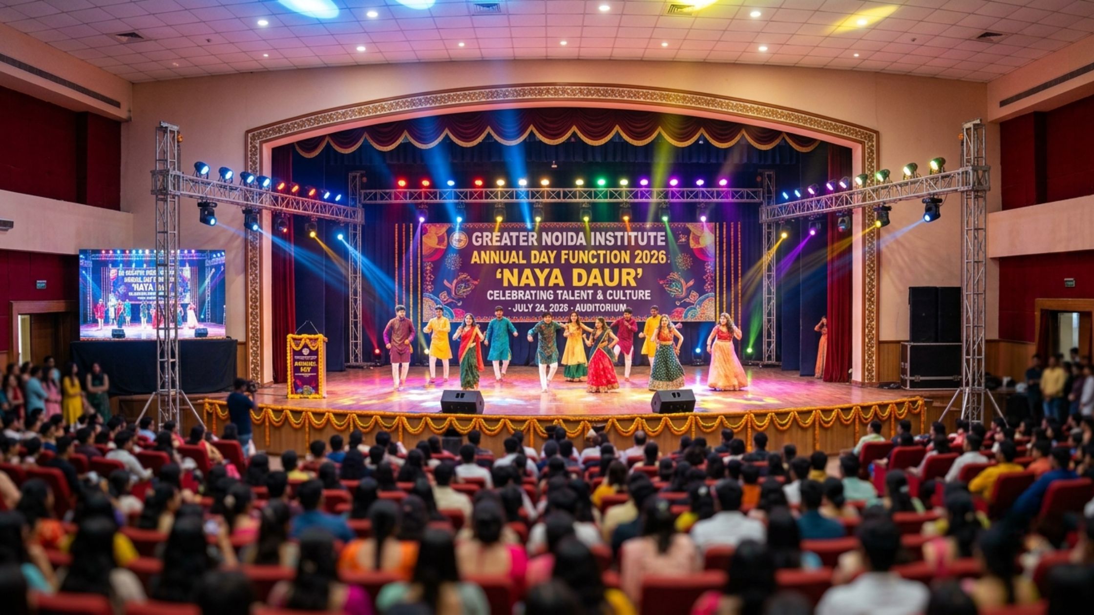 Stage lighting setup for college annual function event